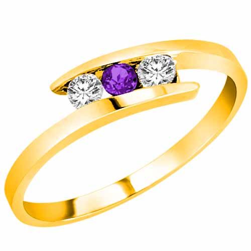 14K Yellow Gold Round 3 Stone Channel Set Amethyst and Diamond Ring (0.25 cttw)