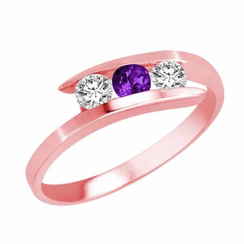 18K Rose Gold Round 3 Stone Channel Set Amethyst and Diamond Ring (1/2 cttw)