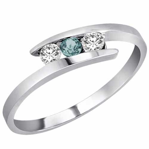 14K White Gold Round 3 Stone Channel Set Aquamarine and Diamond Ring (0.25 cttw)