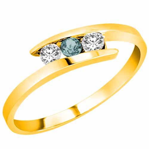 18K Yellow Gold Round 3 Stone Channel Set Aquamarine and Diamond Ring (0.25 cttw)