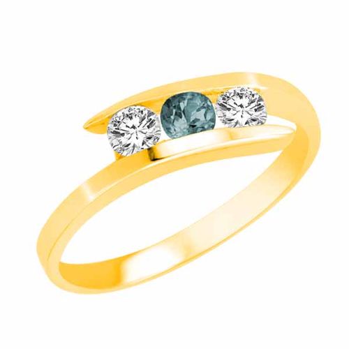 18K Yellow Gold Round 3 Stone Channel Set Aquamarine and Diamond Ring (1.00 cttw)