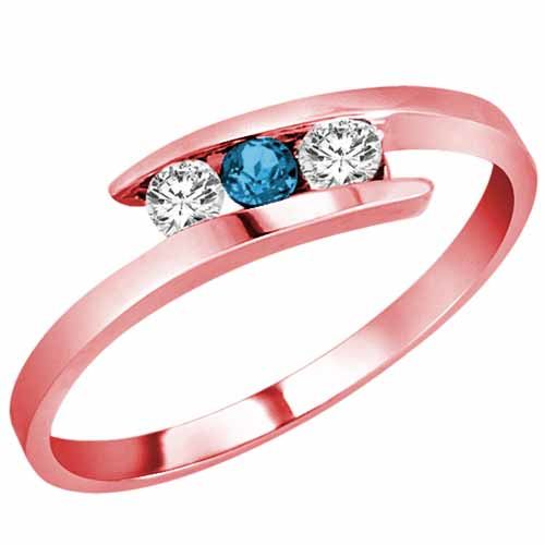 14K Rose Gold Round 3 Stone Channel Set Blue Diamond and Diamond Ring (0.25 cttw)