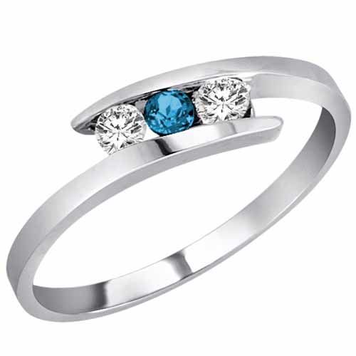 10K White Gold Round 3 Stone Channel Set Blue Diamond and Diamond Ring (0.25 cttw)