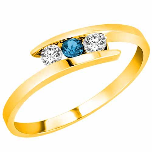 10K Yellow Gold Round 3 Stone Channel Set Blue Diamond and Diamond Ring (0.25 cttw)