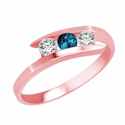 18K Rose Gold Round 3 Stone Channel Set Blue Diamond and Diamond Ring (1/2 cttw)