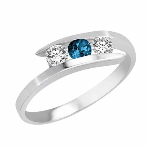10K White Gold Round 3 Stone Channel Set Blue Diamond and Diamond Ring (1.00 cttw)