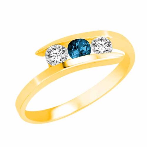 18K Yellow Gold Round 3 Stone Channel Set Blue Diamond and Diamond Ring (1.00 cttw)