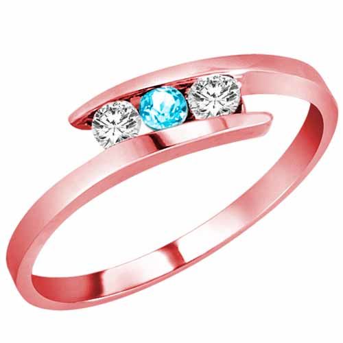 10K Rose Gold Round 3 Stone Channel Set Blue Topaz and Diamond Ring (0.25 cttw)