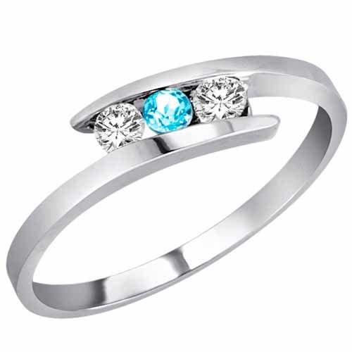10K White Gold Round 3 Stone Channel Set Blue Topaz and Diamond Ring (0.25 cttw)