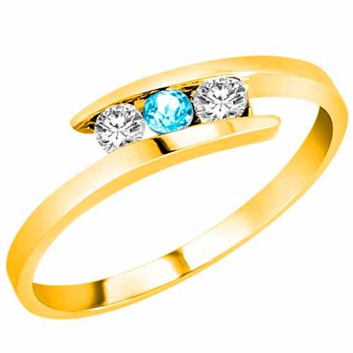 10K Yellow Gold Round 3 Stone Channel Set Blue Topaz and Diamond Ring (0.25 cttw)