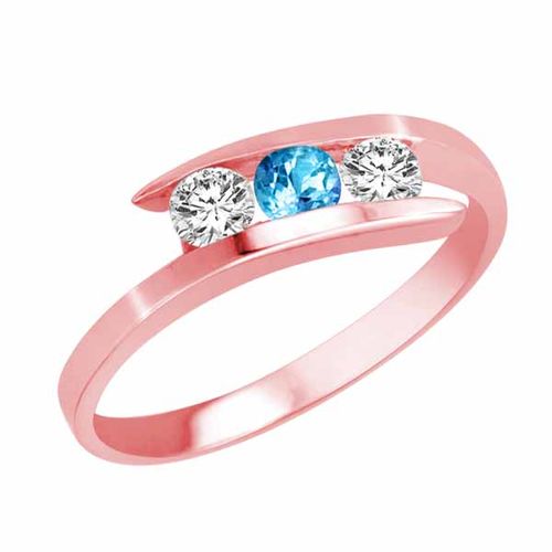 18K Rose Gold Round 3 Stone Channel Set Blue Topaz and Diamond Ring (1/2 cttw)