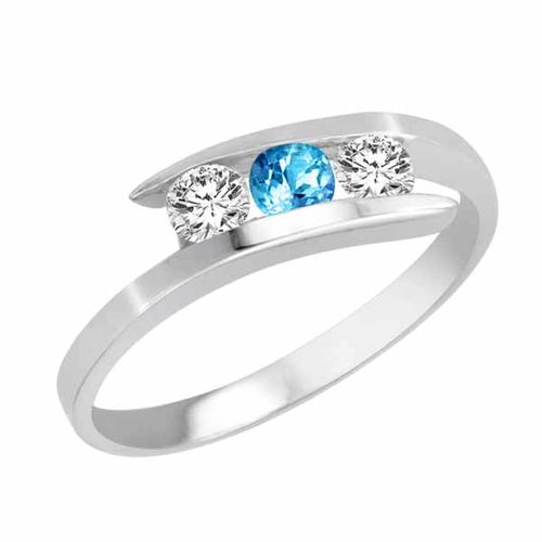 Sterling Silver Round 3 Stone Channel Set Blue Topaz and Diamond Ring (1.00 cttw)