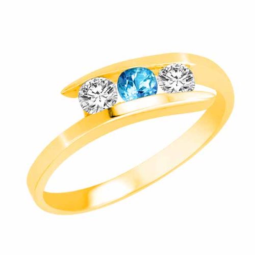 14K Yellow Gold Round 3 Stone Channel Set Blue Topaz and Diamond Ring (1.00 cttw)