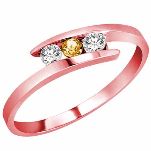 14K Rose Gold Round 3 Stone Channel Set Citrine and Diamond Ring (0.25 cttw)