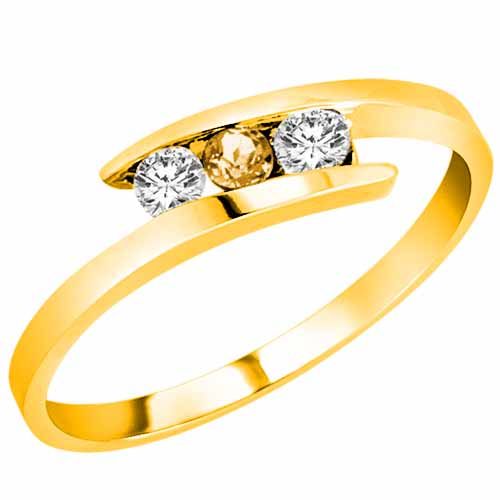18K Yellow Gold Round 3 Stone Channel Set Citrine and Diamond Ring (0.25 cttw)
