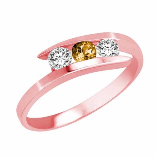 14K Rose Gold Round 3 Stone Channel Set Citrine and Diamond Ring (1/2 cttw)