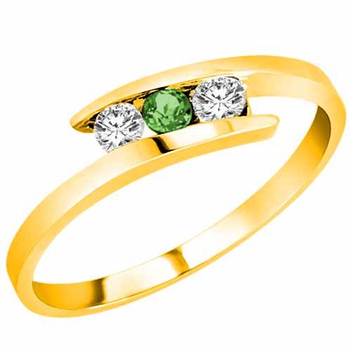 18K Yellow Gold Round 3 Stone Channel Set Emerald and Diamond Ring (0.25 cttw)