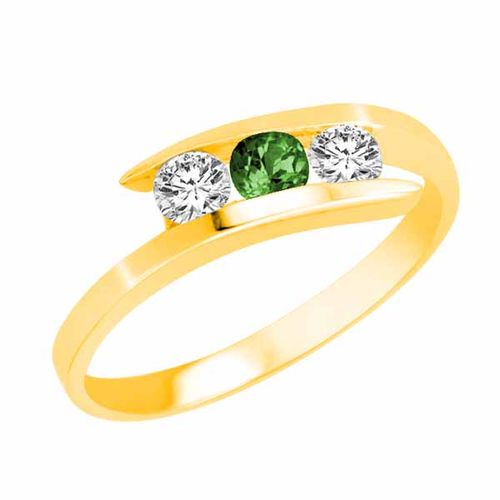 18K Yellow Gold Round 3 Stone Channel Set Emerald and Diamond Ring (1/2 cttw)
