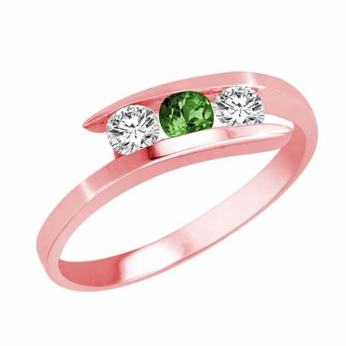 18K Rose Gold Round 3 Stone Channel Set Emerald and Diamond Ring (1.00 cttw)