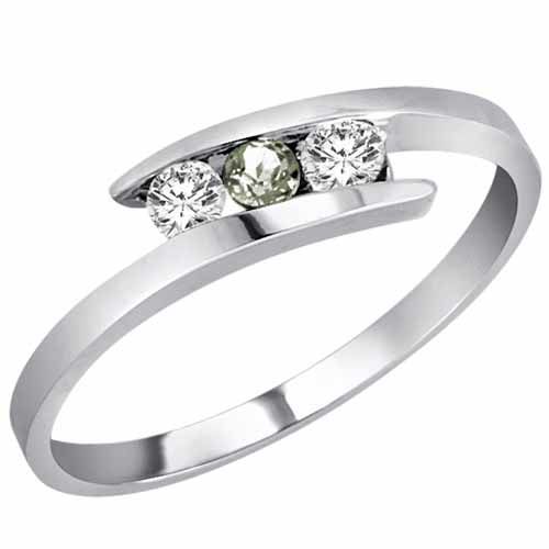 14K White Gold Round 3 Stone Channel Set Green Amethyst and Diamond Ring (0.25 cttw)