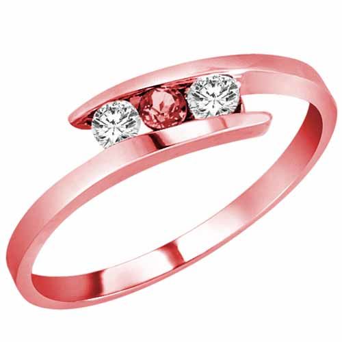 18K Rose Gold Round 3 Stone Channel Set Garnet and Diamond Ring (0.25 cttw)