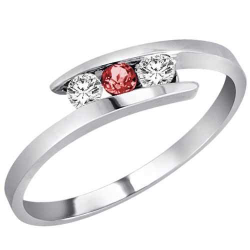 Platinum Round 3 Stone Channel Set Garnet and Diamond Ring (0.25 cttw)