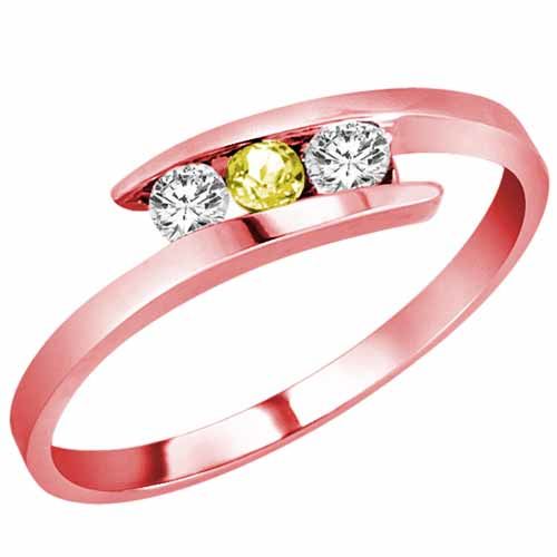 10K Rose Gold Round 3 Stone Channel Set Lemon Quartz and Diamond Ring (0.25 cttw)