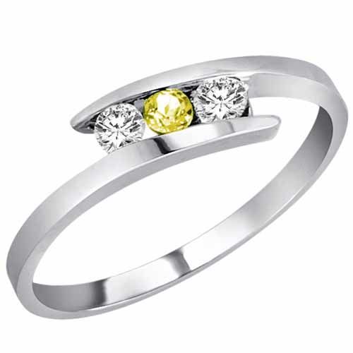 10K White Gold Round 3 Stone Channel Set Lemon Quartz and Diamond Ring (0.25 cttw)