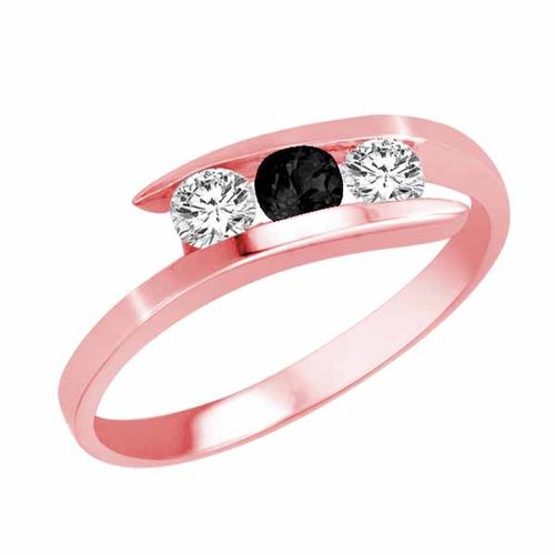 14K Rose Gold Round 3 Stone Channel Set Onyx and Diamond Ring (1/2 cttw)