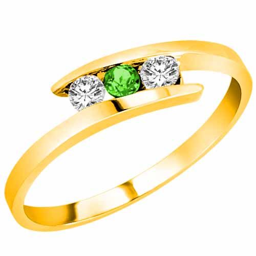 14K Yellow Gold Round 3 Stone Channel Set Peridot and Diamond Ring (0.25 cttw)