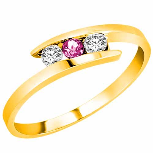 14K Yellow Gold Round 3 Stone Channel Set Pink Sapphire and Diamond Ring (0.25 cttw)