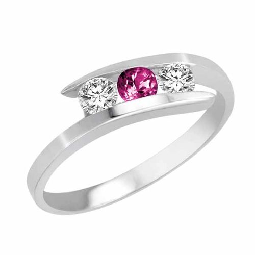 14K White Gold Round 3 Stone Channel Set Pink Sapphire and Diamond Ring (1/2 cttw)
