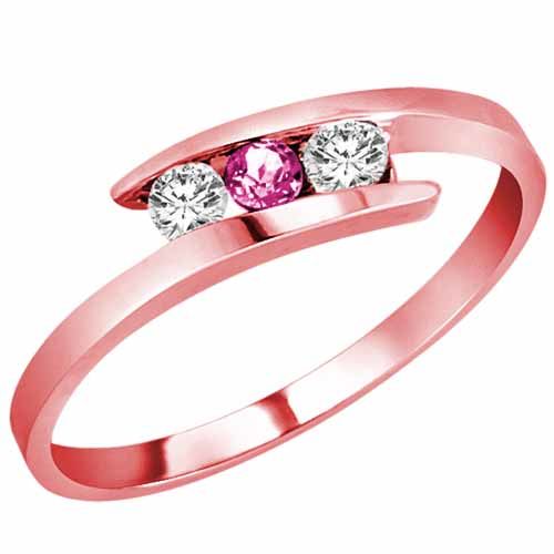 14K Rose Gold Round 3 Stone Channel Set Pink Topaz and Diamond Ring (0.25 cttw)