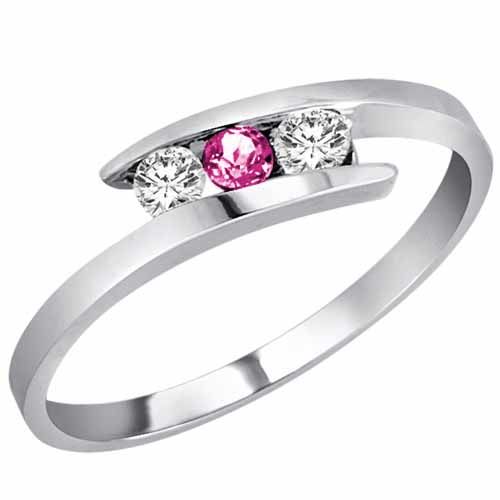 14K White Gold Round 3 Stone Channel Set Pink Topaz and Diamond Ring (0.25 cttw)