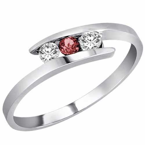 14K White Gold Round 3 Stone Channel Set Ruby and Diamond Ring (0.25 cttw)