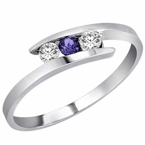 10K White Gold Round 3 Stone Channel Set Blue Sapphire and Diamond Ring (0.25 cttw)