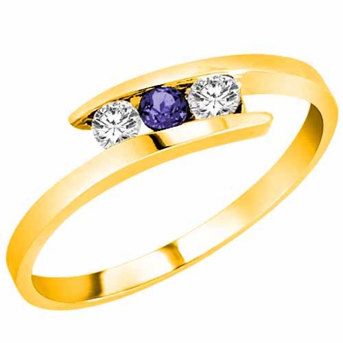 18K Yellow Gold Round 3 Stone Channel Set Blue Sapphire and Diamond Ring (0.25 cttw)