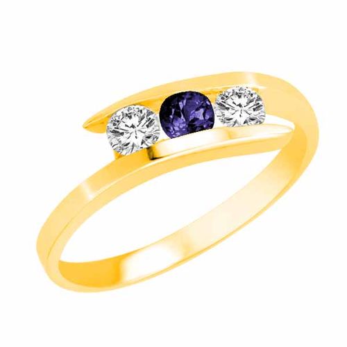 10K Yellow Gold Round 3 Stone Channel Set Blue Sapphire and Diamond Ring (1.00 cttw)