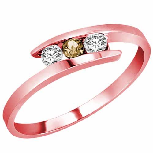 10K Rose Gold Round 3 Stone Channel Set Smoky Quartz and Diamond Ring (0.25 cttw)