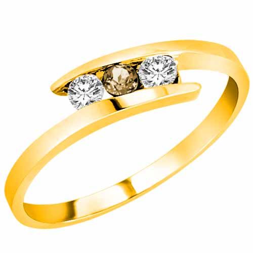 14K Yellow Gold Round 3 Stone Channel Set Smoky Quartz and Diamond Ring (0.25 cttw)