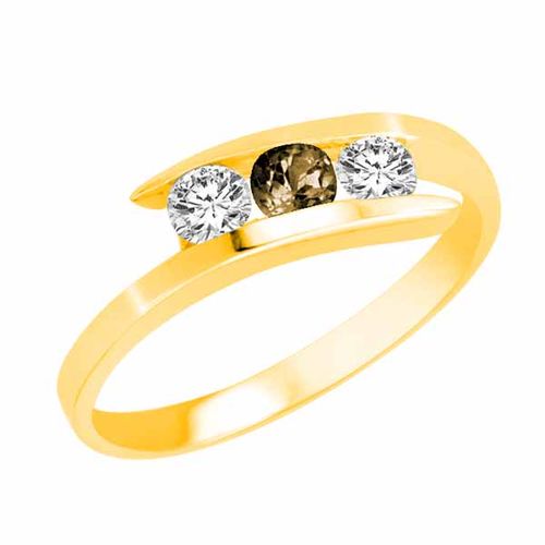 10K Yellow Gold Round 3 Stone Channel Set Smoky Quartz and Diamond Ring (1/2 cttw)