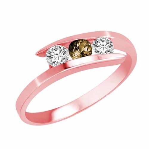 14K Rose Gold Round 3 Stone Channel Set Smoky Quartz and Diamond Ring (1.00 cttw)