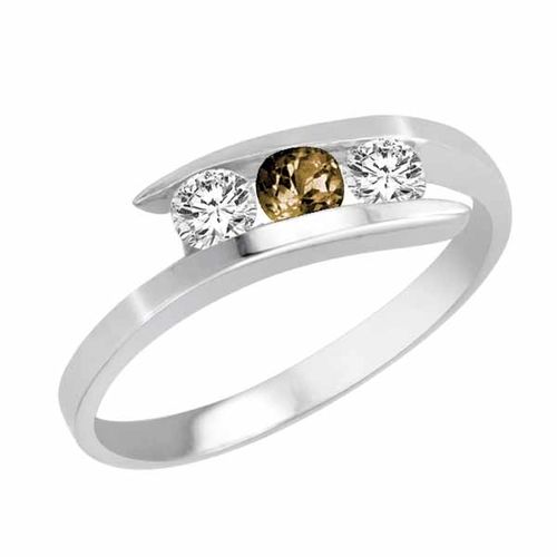 10K White Gold Round 3 Stone Channel Set Smoky Quartz and Diamond Ring (1.00 cttw)