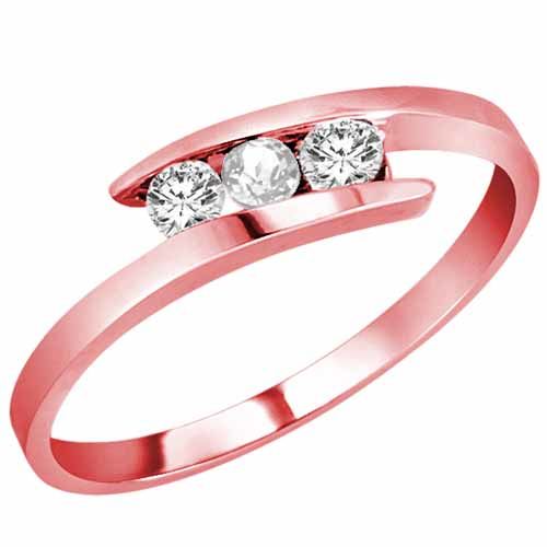 14K Rose Gold Round 3 Stone Channel Set White Quartz and Diamond Ring (0.25 cttw)