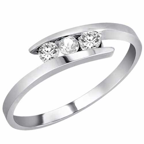 18K White Gold Round 3 Stone Channel Set White Quartz and Diamond Ring (0.25 cttw)