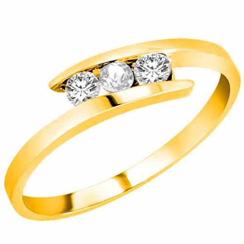 18K Yellow Gold Round 3 Stone Channel Set White Quartz and Diamond Ring (0.25 cttw)