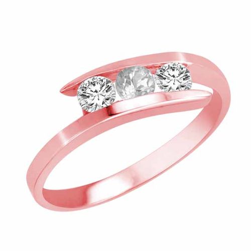 14K Rose Gold Round 3 Stone Channel Set White Quartz and Diamond Ring (1.00 cttw)
