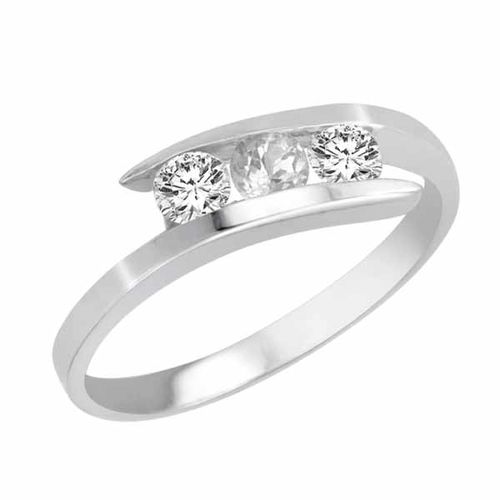 18K White Gold Round 3 Stone Channel Set White Quartz and Diamond Ring (1.00 cttw)