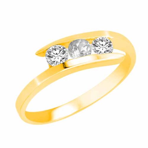 10K Yellow Gold Round 3 Stone Channel Set White Quartz and Diamond Ring (1.00 cttw)