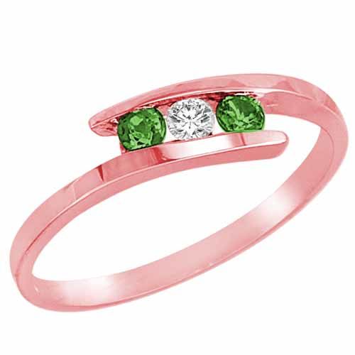 18K Rose Gold Round 3 Stone Channel Set Diamond and Emerald Accented Ring (0.25 cttw)
